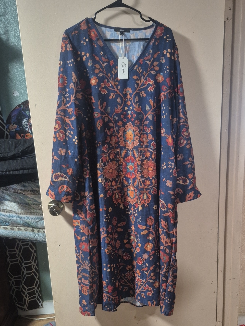 Shallwe Boho Floral V-Neck Maxi Dress - Navy with Rust Floral